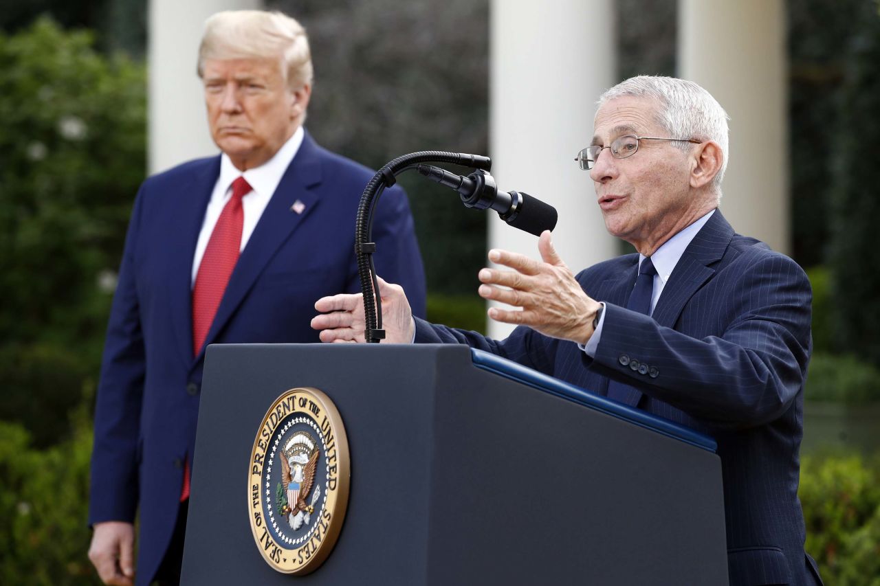 President Donald Trump listens as Dr. Anthony Fauci, director of the National Institute of Allergy and Infectious Diseases, speaks during a coronavirus task force briefing at the White House on March 29.