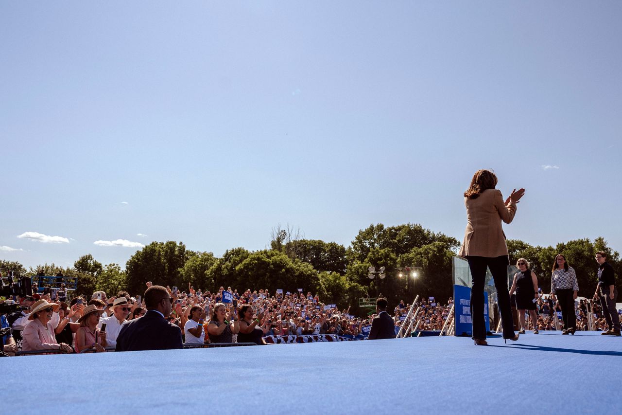 Vice President Kamala Harris takes the stage during a campaign stop at the Throwback Brewery on September 4 in North Hampton, New Hampshire.