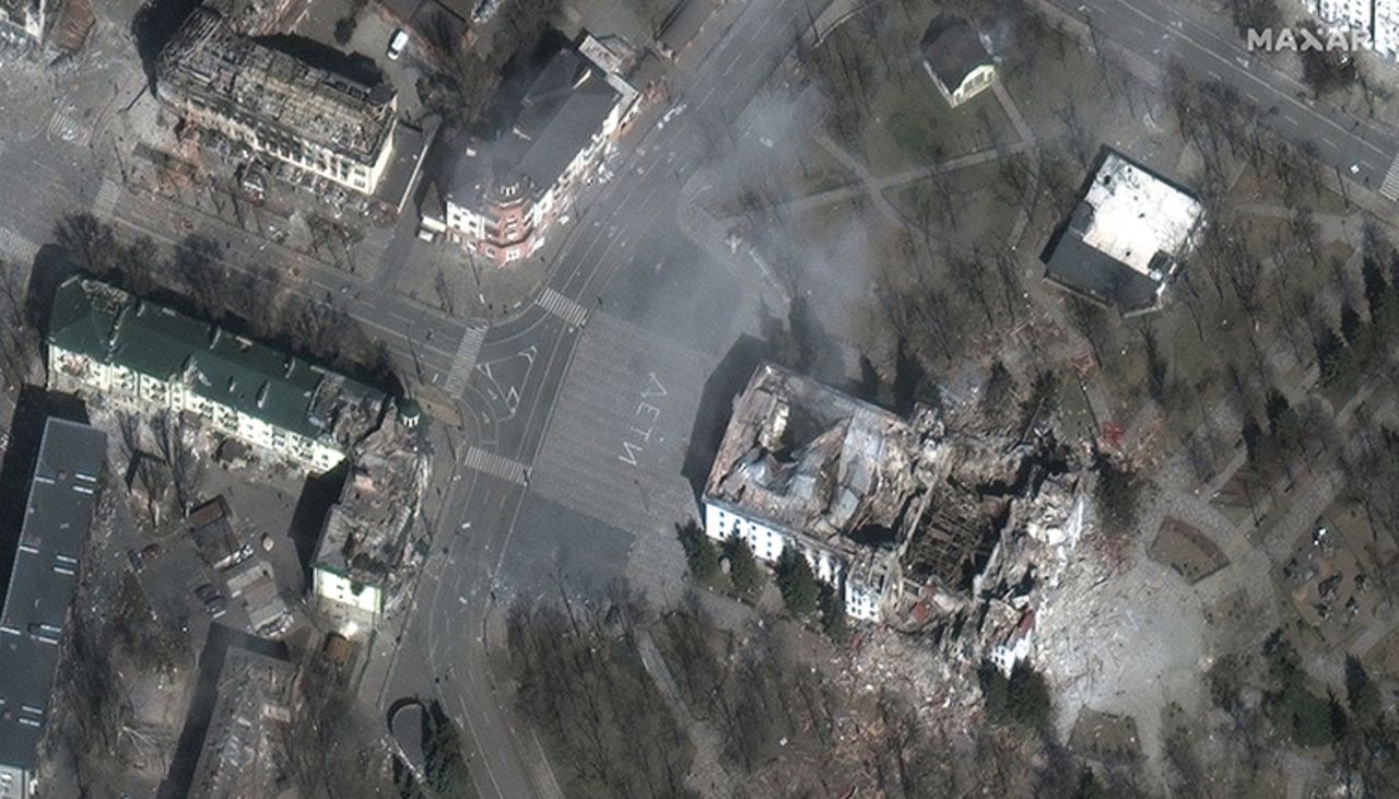 A drama theater in ruins after being bombed.