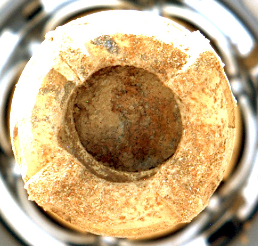 Perseverance used its Mastcam-Z instrument to view the “Cheyava Falls” rock sample within the rover’s drill bit.