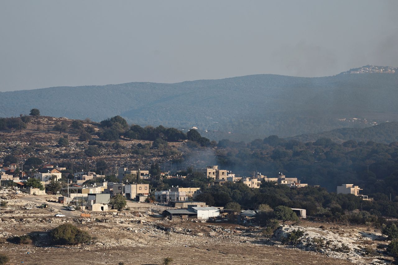 Smoke rises after Israeli shelling in Alma Al-Shaab, southern?Lebanon, on October 13.