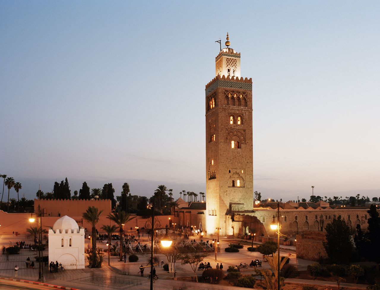  Koutoubia Minaret and mosque at dusk in Marrakesh, Morocco.