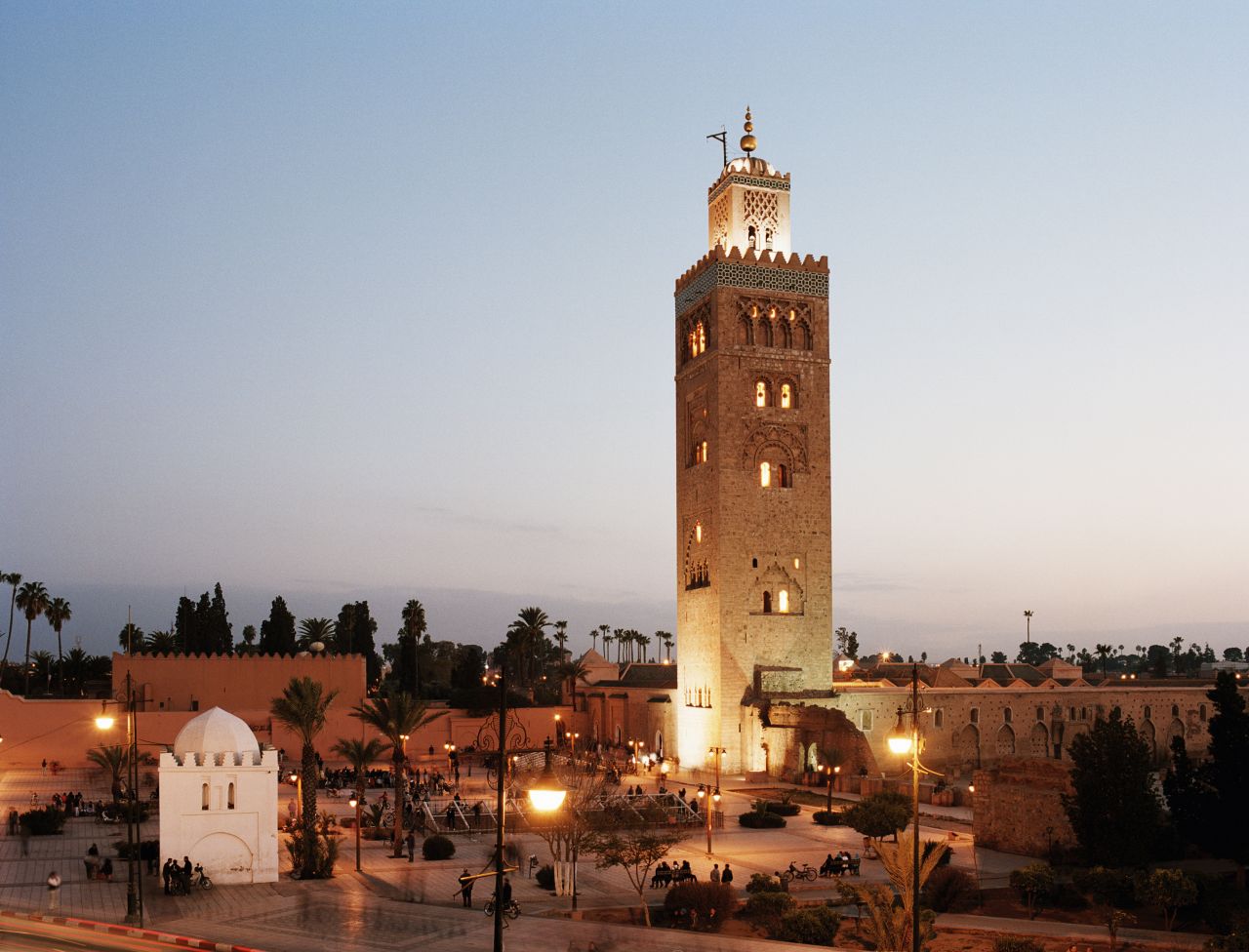 Koutoubia Minaret and mosque at dusk in Marrakesh, Morocco.