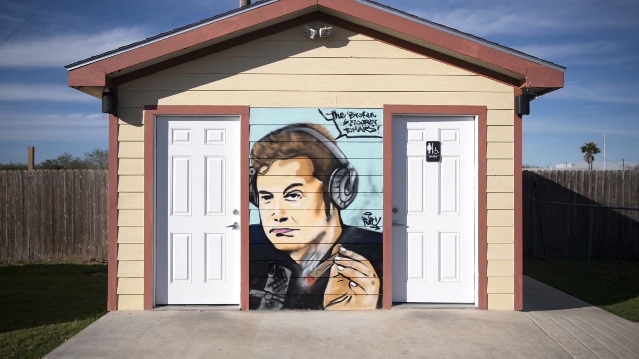 A mural of SpaceX founder Elon Musk at The Broken Sprocket food truck park and bar in Brownsville, Texas, in February 2022. 