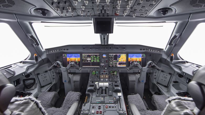 The cockpit of an?Embraer?E195-E2. The automated takeoff procedure is largely the same as a regular one, with the exception that the pilot doesn’t pull back on the controls, as the plane does so automatically.