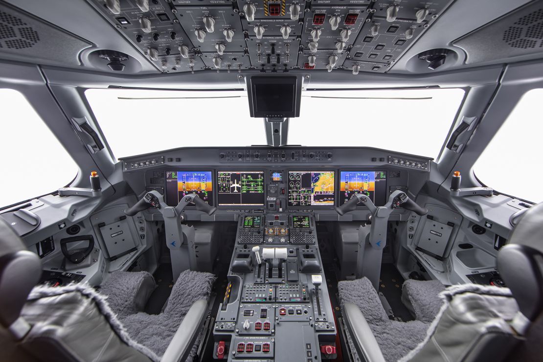 The cockpit of an?Embraer?E195-E2. The automated takeoff procedure is largely the same as a regular one, with the exception that the pilot doesn’t pull back on the controls, as the plane does so automatically.