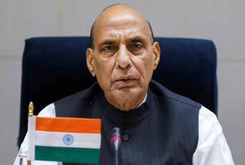 India's Defense Minister Rajnath Singh speaks during a joint statement with U.S. Secretary of Defense Lloyd Austin (not pictured) following their meeting in New Delhi, India, on March 20, 2021.