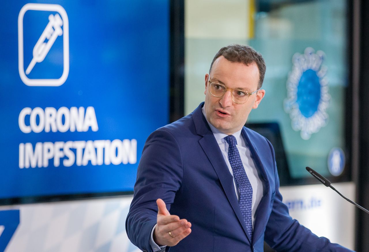 German Health Minister Jens Spahn speaks during a visit of the Corona Vaccination Center at the exhibition center in Nuremberg, Germany, on Dec. 11.