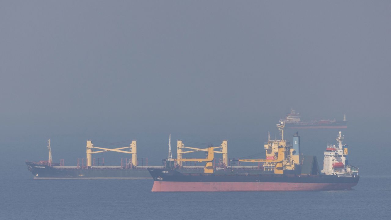 Cargo ship Super Bayern, carrying?Ukrainian?grain, is seen behind cargo ship Rider in the Black Sea off Kilyos near Istanbul, Turkey on November 2, 2022.