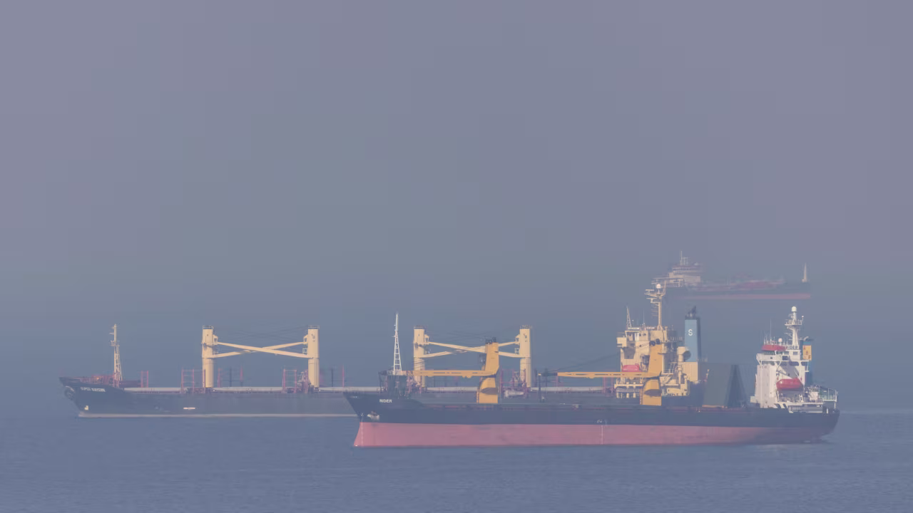 Cargo ship Super Bayern, carrying Ukrainian grain, is seen behind cargo ship Rider in the Black Sea off Kilyos near Istanbul, Turkey on November 2, 2022.