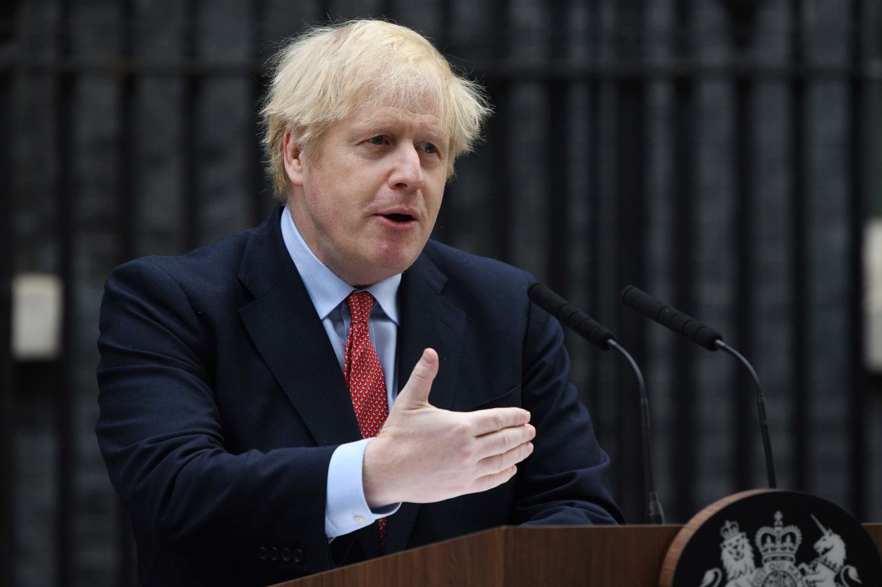 Britain's Prime Minister Boris Johnson speaks in Downing Street  in London on April 27.