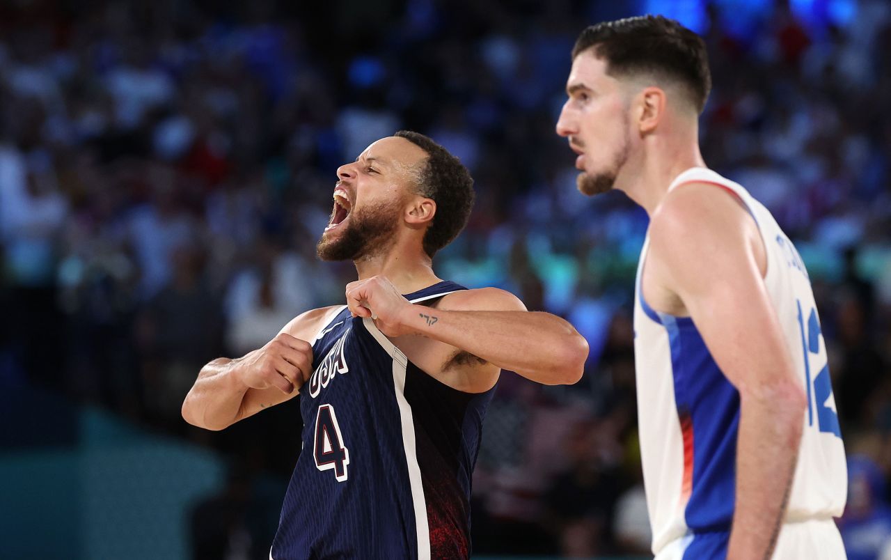 Steph Curry of Team USA celebrates a bucket. 