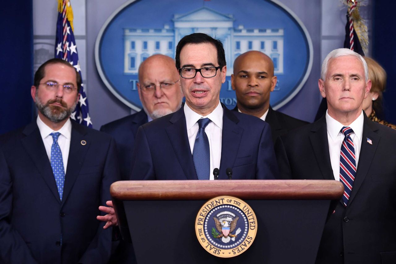 US Treasury Secretary Steven Mnuchin speaks about the coronavirus, alongside Vice President Mike Pence and members of the Coronavirus Task Force at the White House in Washington, DC, on Monday.