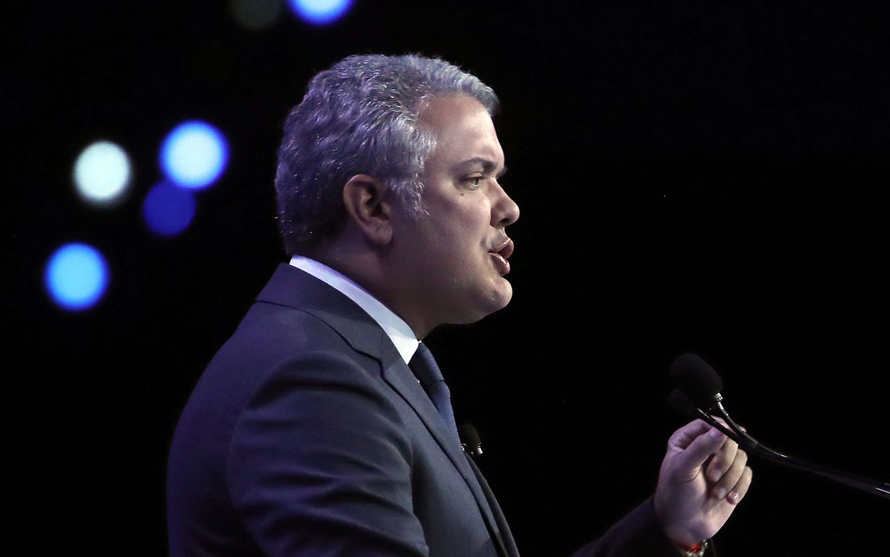 Colombian President Ivan Duque Marquez speaks during the American Israel Public Affairs Committee policy conference, in Washington on March 2.