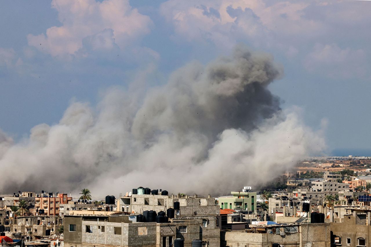 Smoke billows after an Israeli air strike in Rafah, southern Gaza, on October 16, 2023.