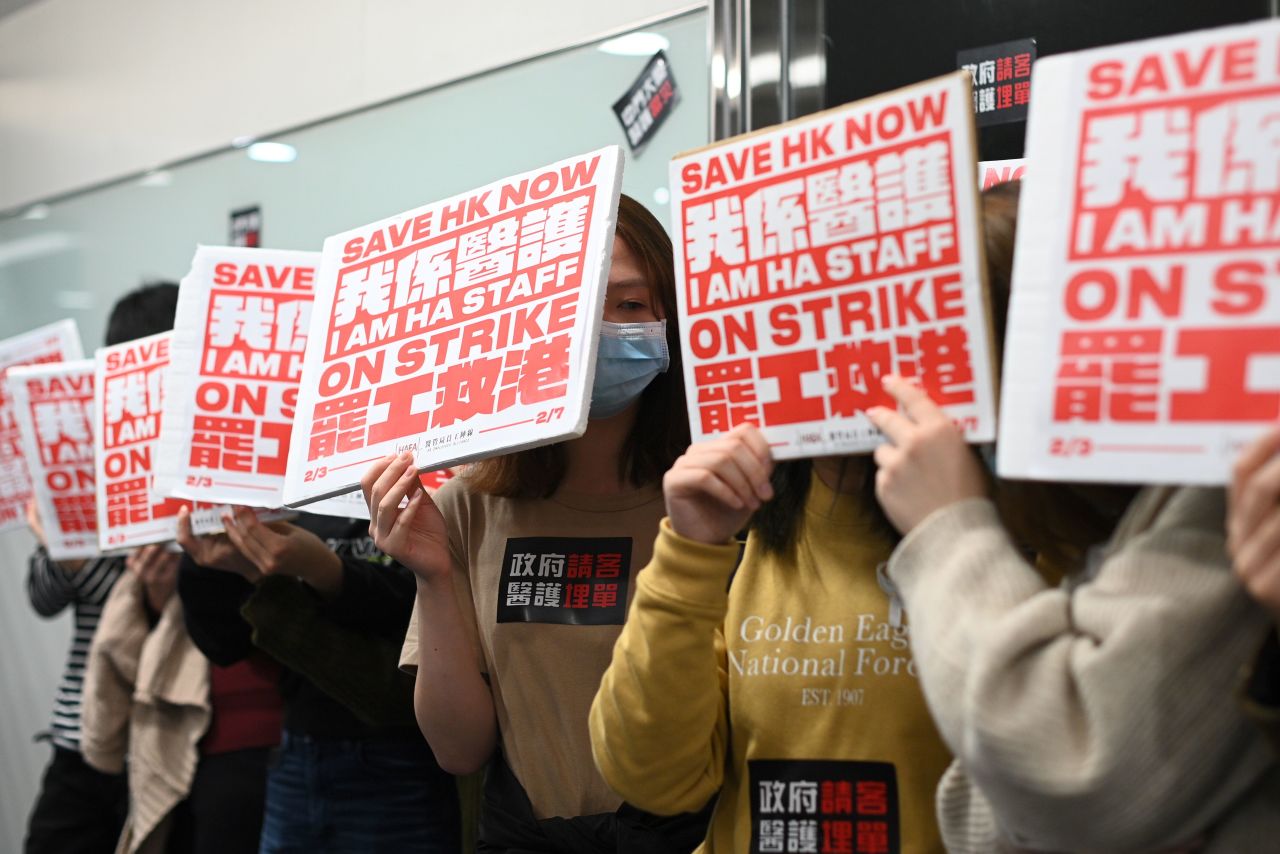 Members of the Hospital Authority Employees Alliance on strike in Hong Kong on February 7, 2020.