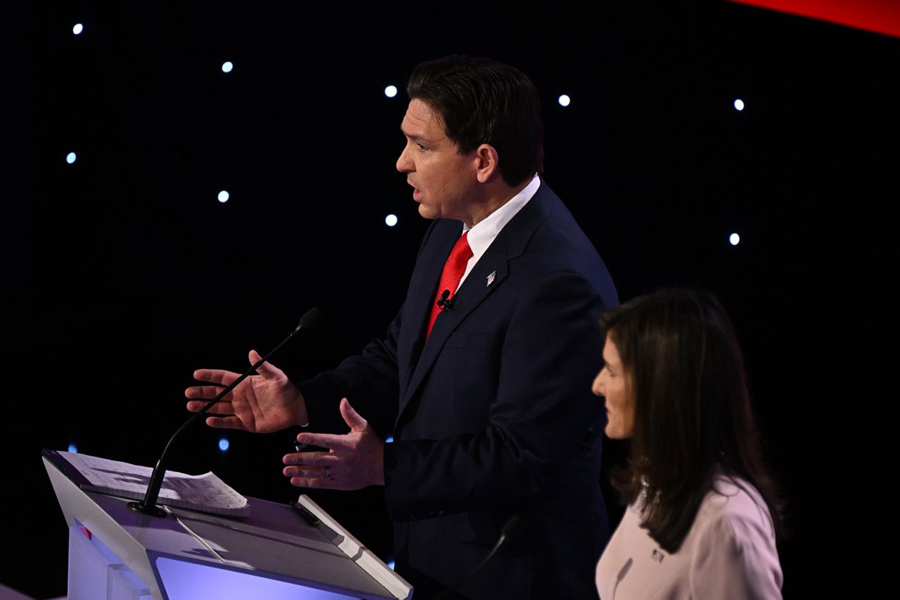 Florida Gov. Ron DeSantis speaks during a CNN Republican Presidential Debate at Drake University in Des Moines, Iowa, on Wednesday.