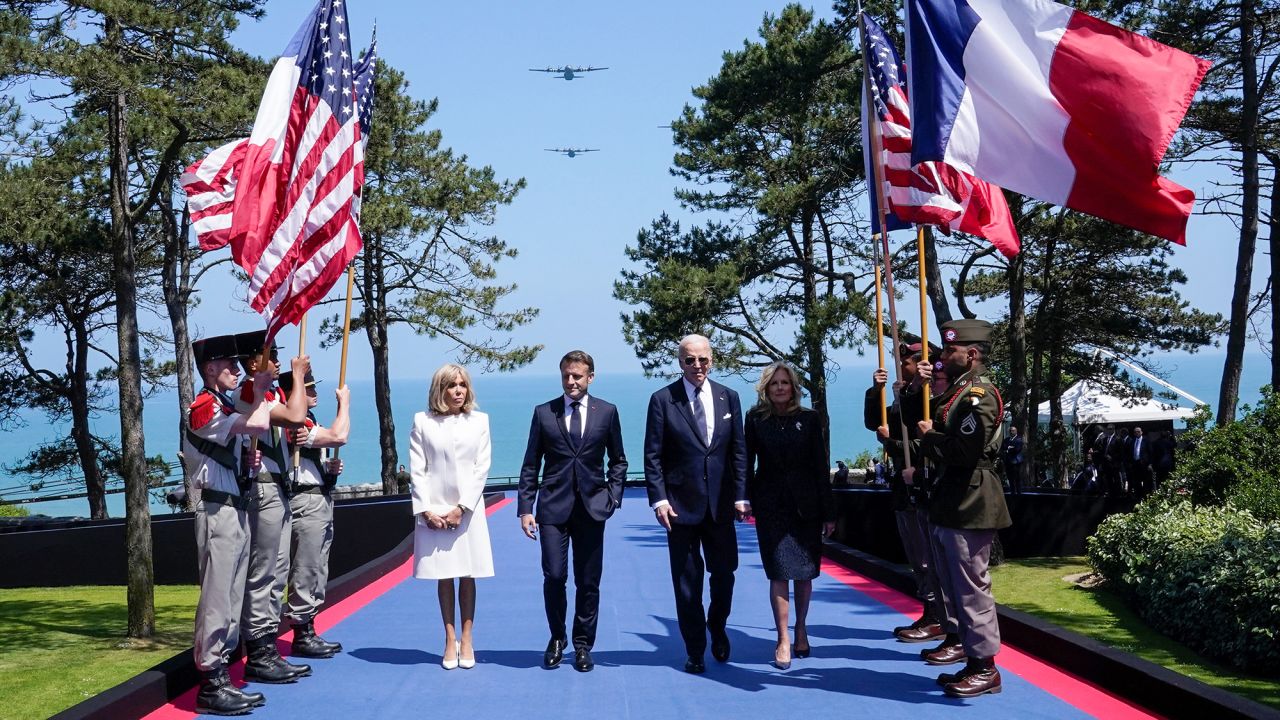 U.S President Joe Biden, first lady Jill Biden, French President Emmanuel Macron and his wife Brigitte Macron attend a ceremony to mark the 80th anniversary of D-Day at the Normandy American Cemetery and Memorial in Colleville-sur-Mer, France, on June 6.