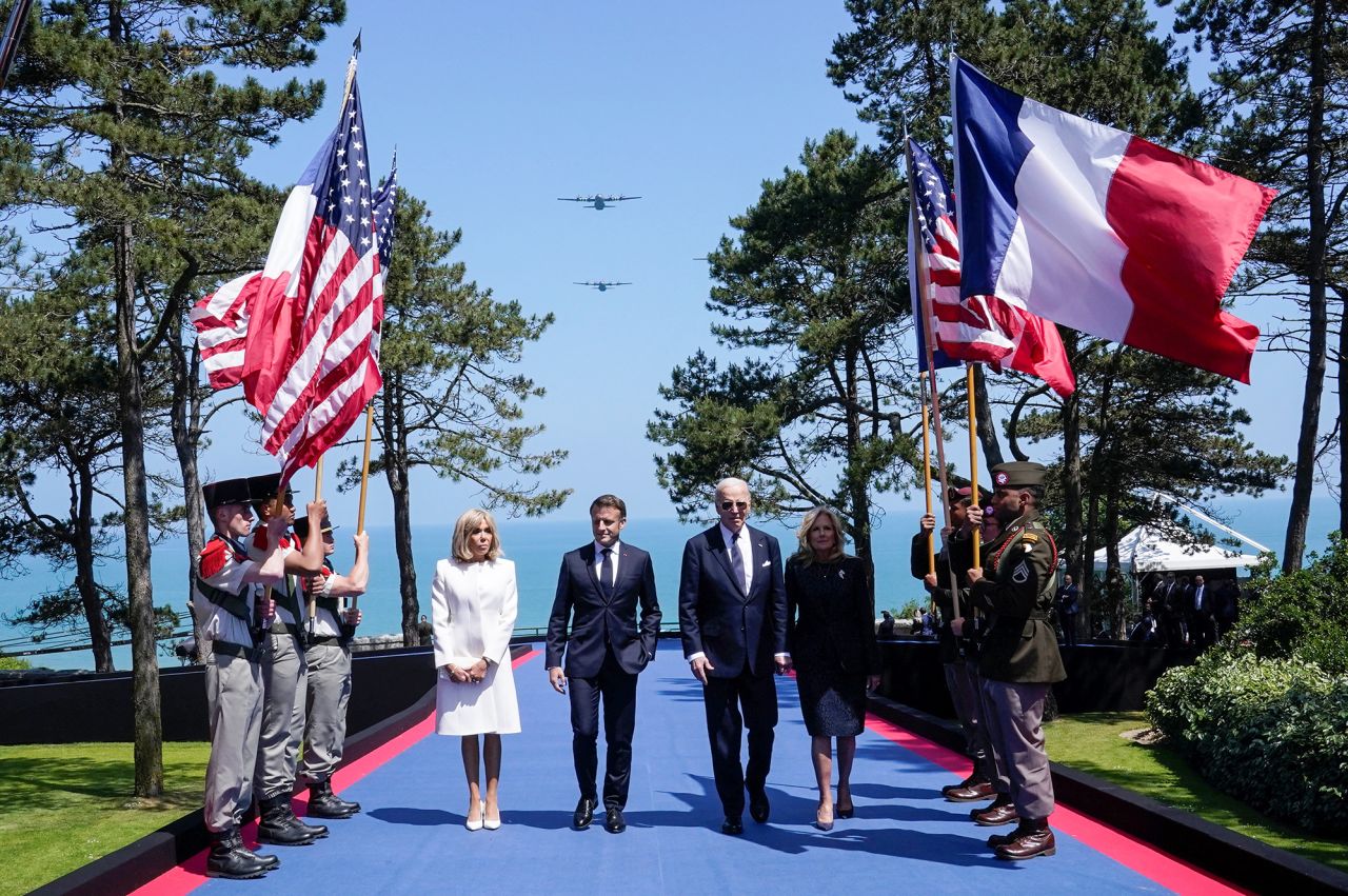 U.S President Joe Biden, first lady Jill Biden, French President Emmanuel Macron and his wife Brigitte Macron attend a ceremony to mark the 80th anniversary of D-Day at the Normandy American Cemetery and Memorial in Colleville-sur-Mer, France, on June 6.