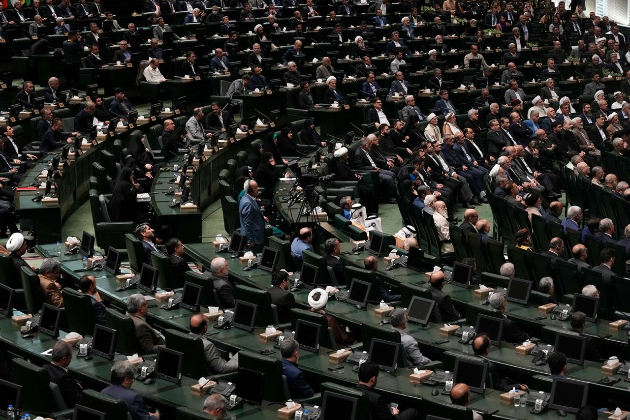 A general view shows the Iranian parliament during the swearing-in ceremony of newly elected President Masoud Pezeshkian on July 30.