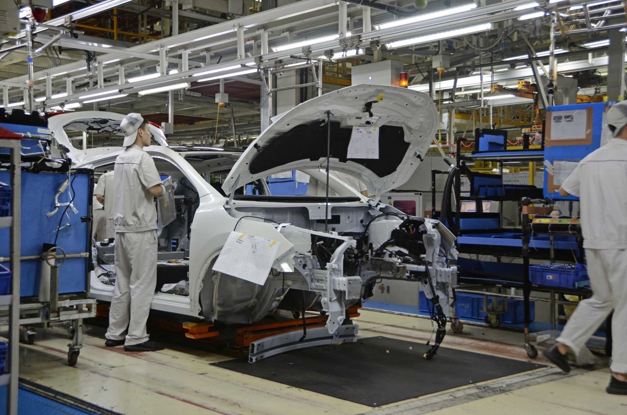 A Nissan auto assembly line is pictured at a plant in Dalian, China in July 2019.