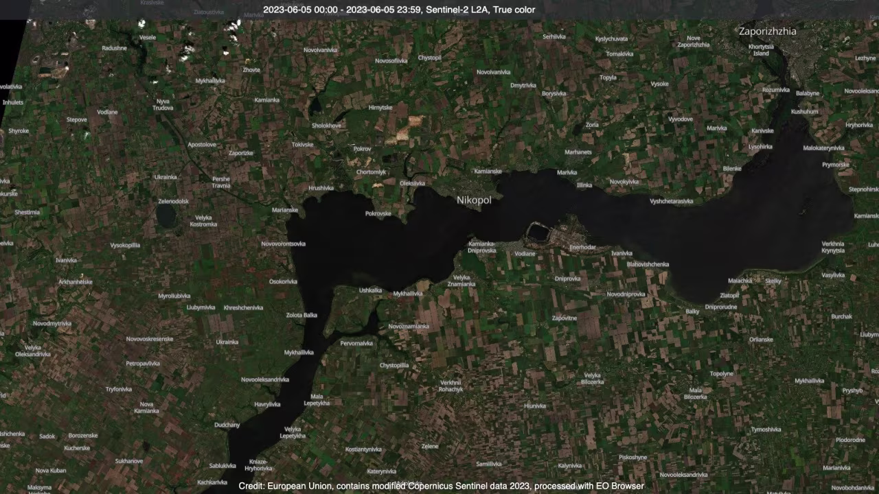 A satellite image shows the area of the Kakhovka Reservoir and surrounding areas in southern Ukraine. This image was taken June 5.