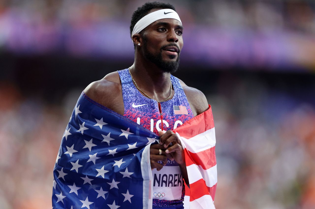 Silver medalist Kenny Bednarek of Team USA celebrates after competing in the men's 200m final.