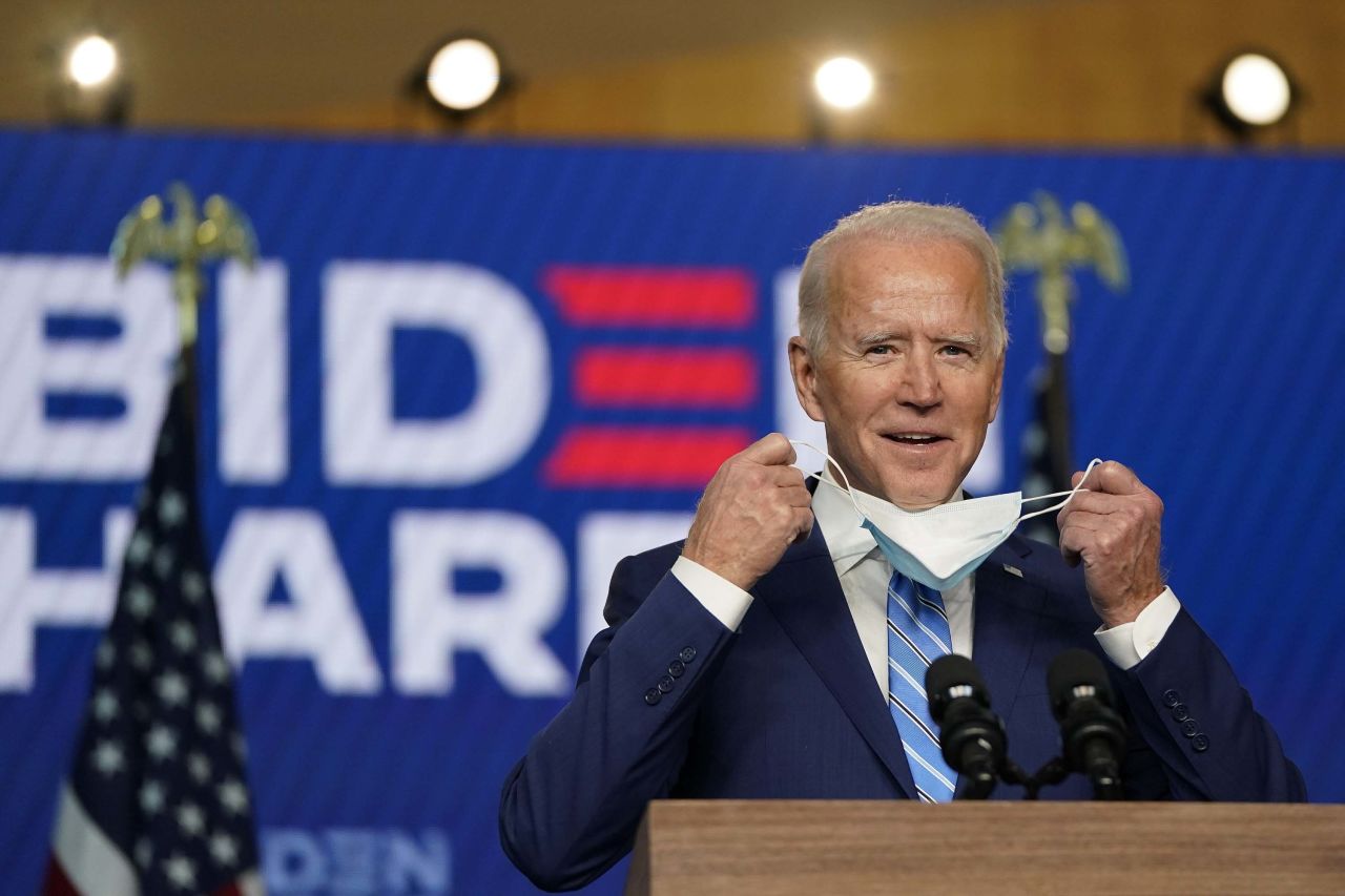 Democratic presidential nominee Joe Biden speaks on November 4, in Wilmington, Delaware.