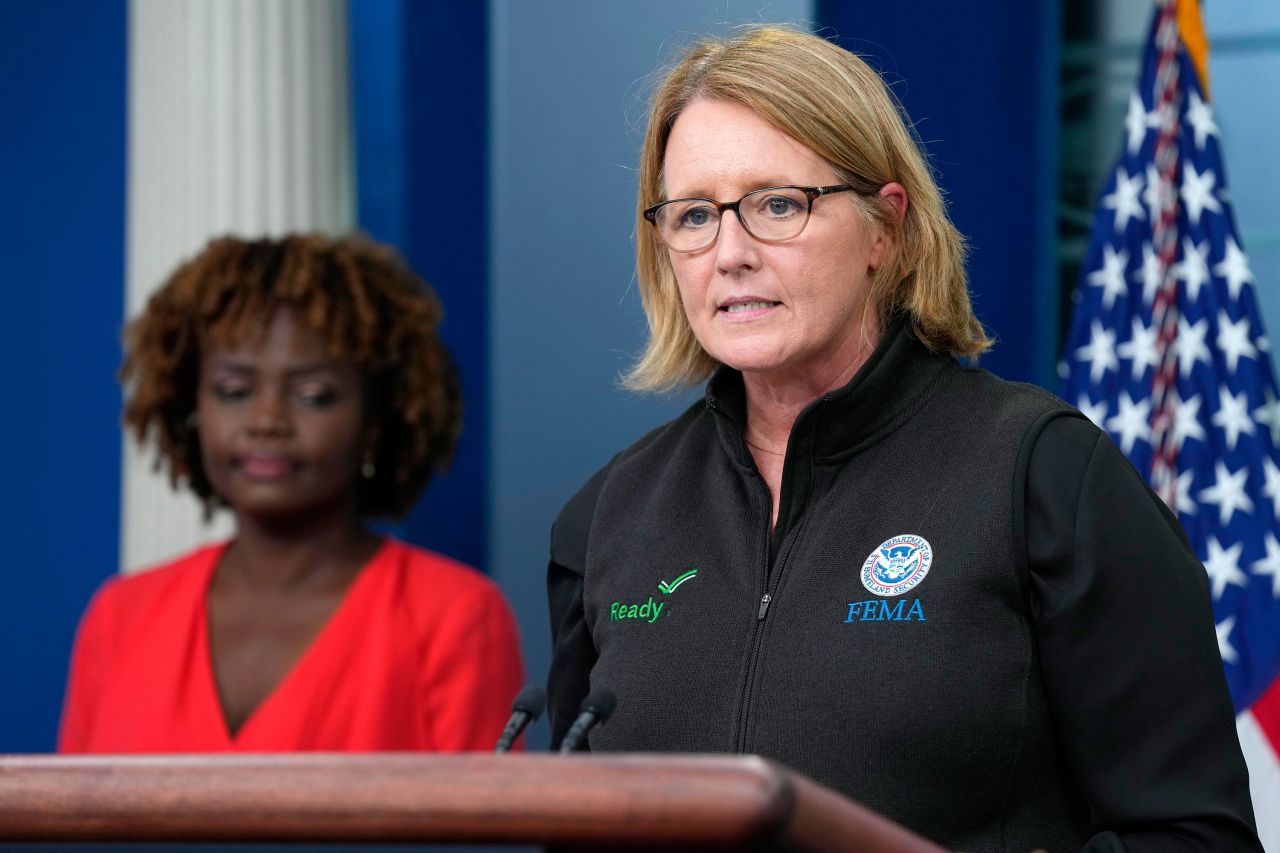 Federal Emergency Management Agency Administrator Deanne Criswell speaks about Hurricane Idalia during the daily briefing at the White House on Wednesday.