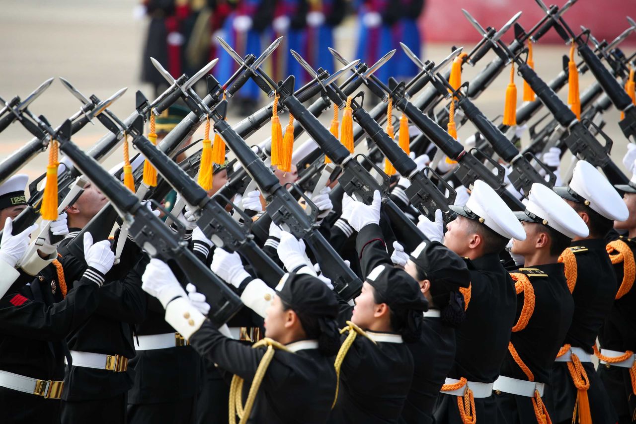 South Korean honor guards perform a rifle drill during an Armed Forces Day display at Daegu Air Base in Daegu, South Korea, in September 2019.