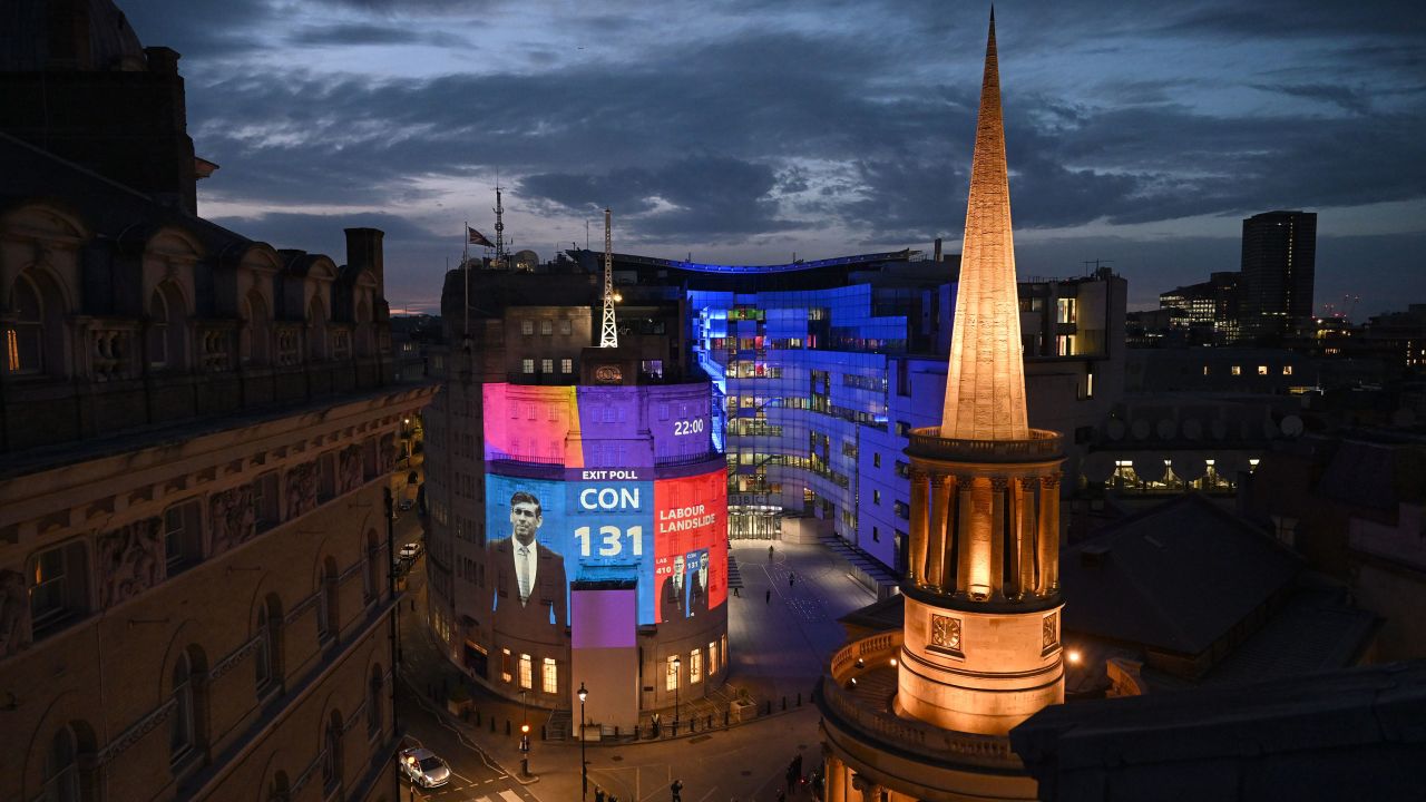 The general election exit poll is projected onto BBC Broadcasting House in London on July 4.