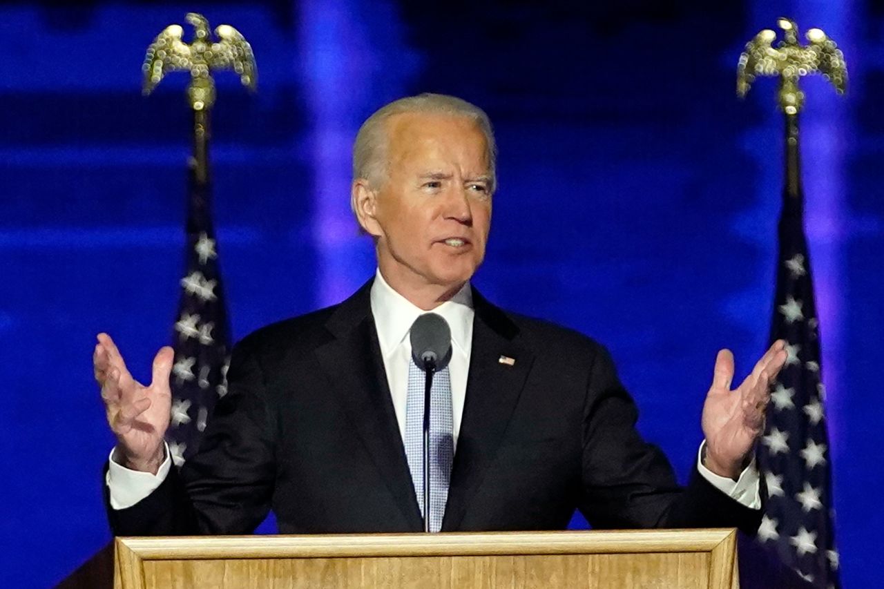 President-elect Joe Biden speaks, Saturday, Nov. 7, 2020, in Wilmington, Del. (AP Photo/Andrew Harnik, Pool)