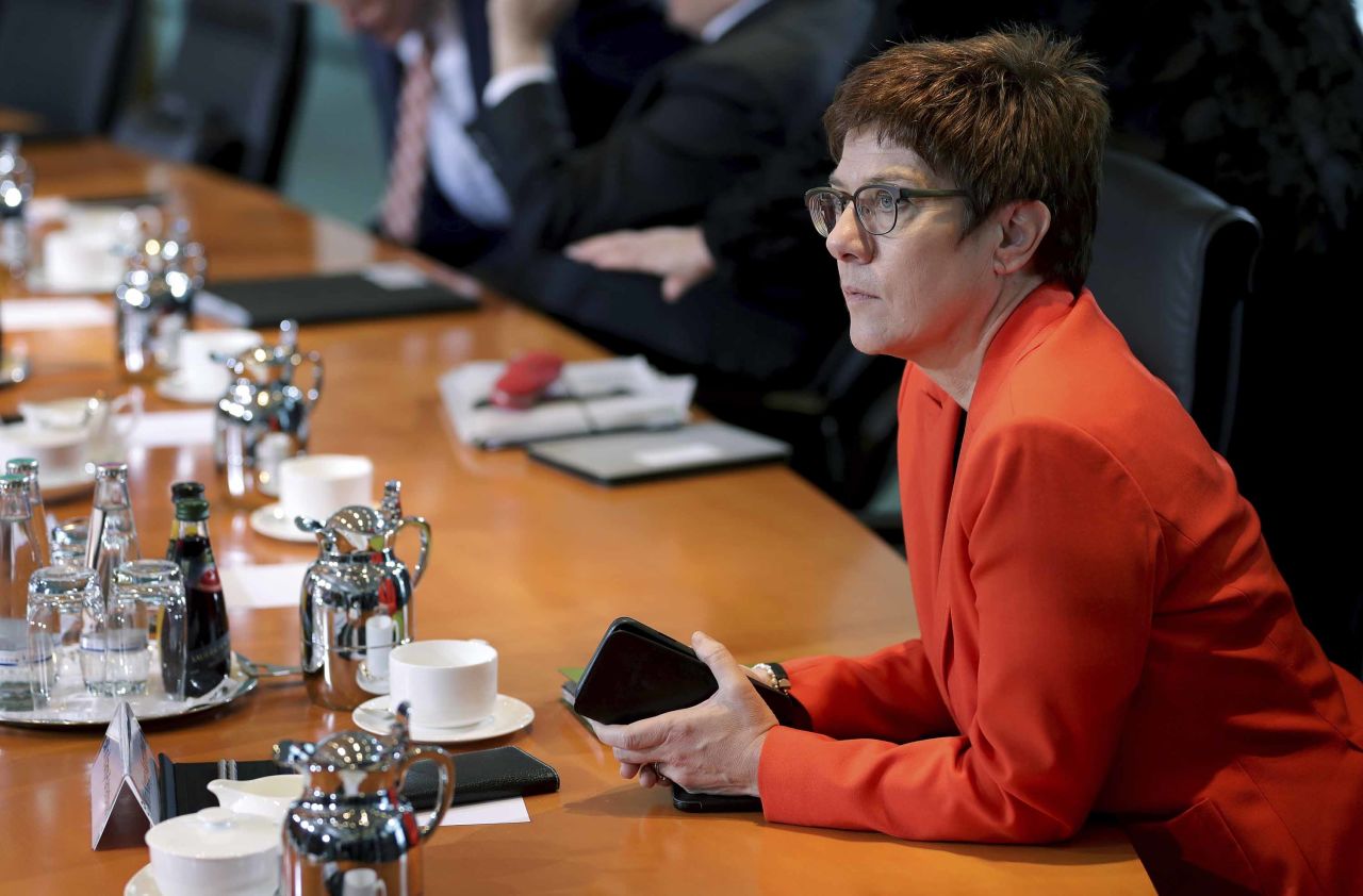 German Defence Minister and chairwoman of the German Christian Democrats, Annegret Kramp-Karrenbauer, attends a weekly cabinet meeting at the Chancellery in Berlin on Wednesday.