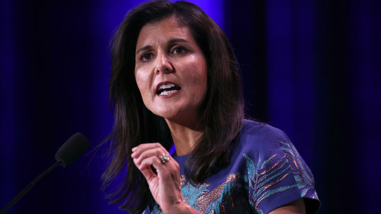 Republican presidential candidate Nikki Haley speaks at the Republican Jewish Coalition Annual Leadership Meeting in Las Vegas in November 2022.