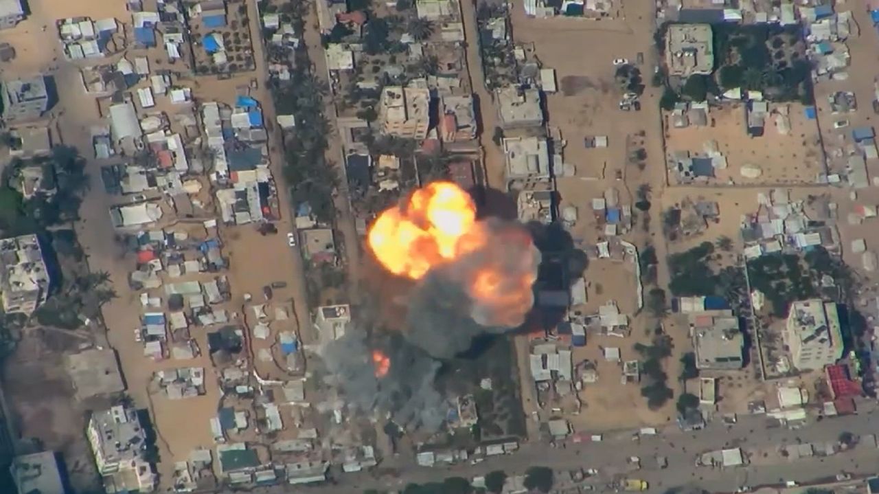 A screengrab taken from a handout video provided by the Israel Defense Forces, which purportedly shows the moment Mohammed Deif was killed in an airstrike in Khan Younis.