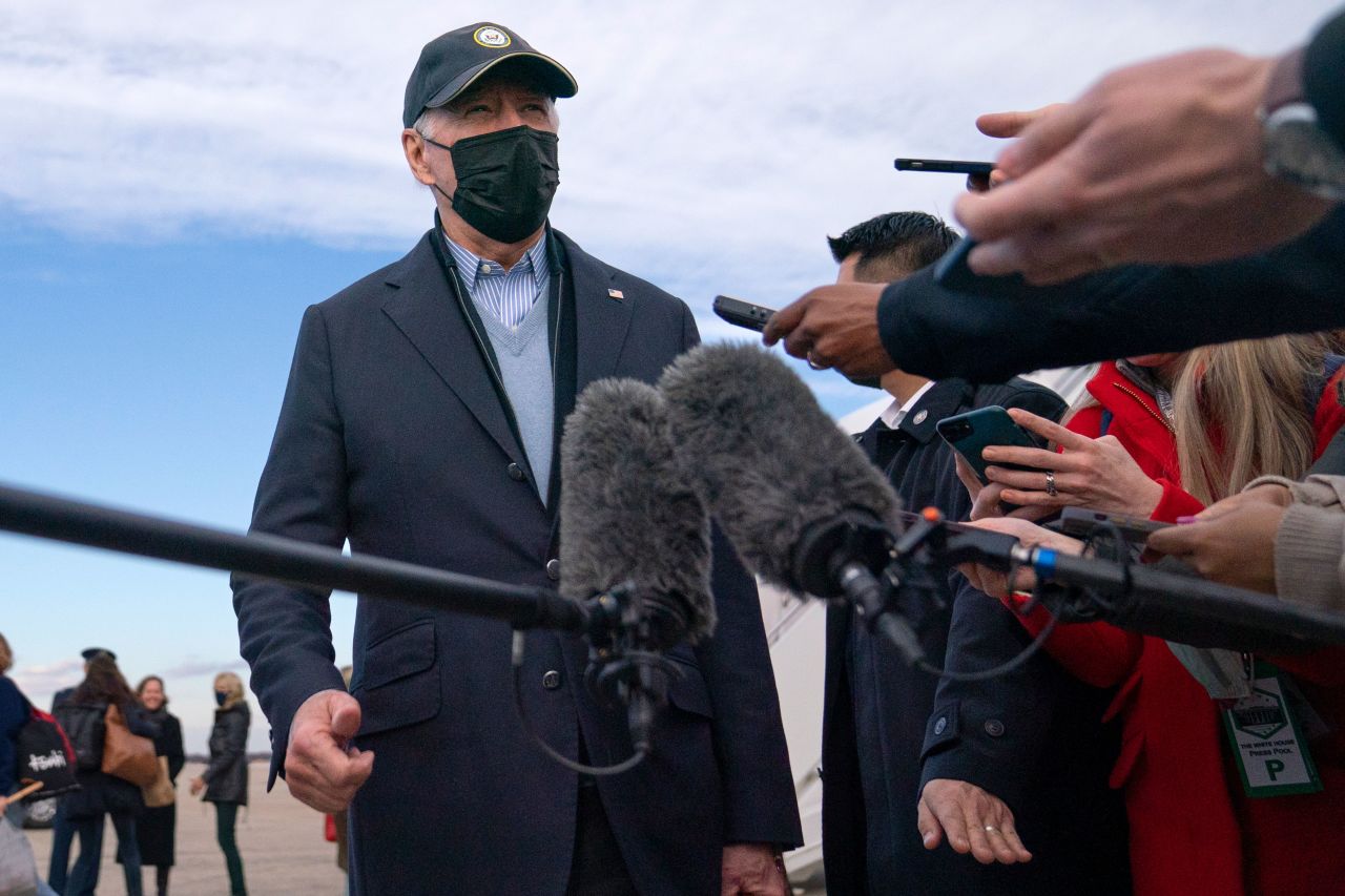 US President Joe Biden speaks to the media at Andrews Air Force Base in Maryland as he arrives from Nantucket, Massachusetts, on November 28.