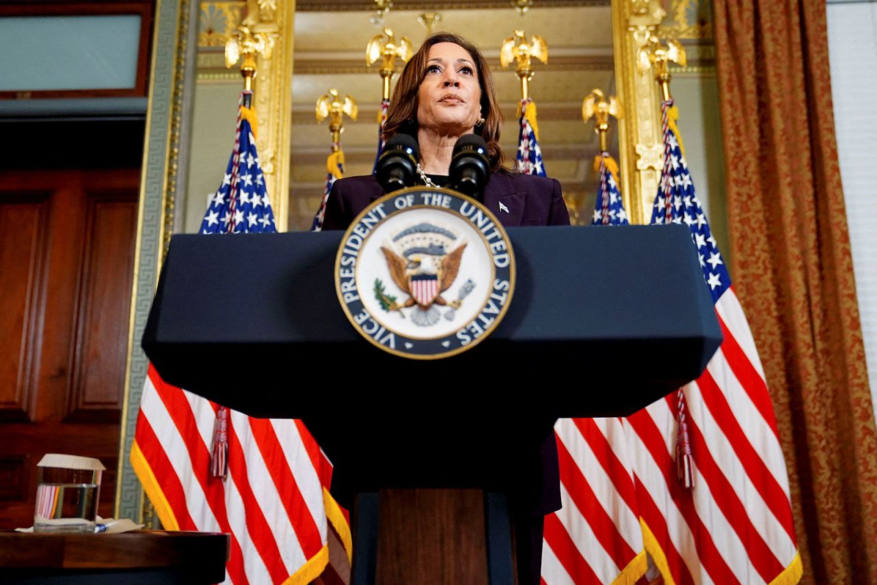 Vice President Kamala Harris delivers remarks at a news conference following a meeting with Israeli Prime Minister Benjamin Netanyahu in Washington, DC,  on Thursday, July 25. 