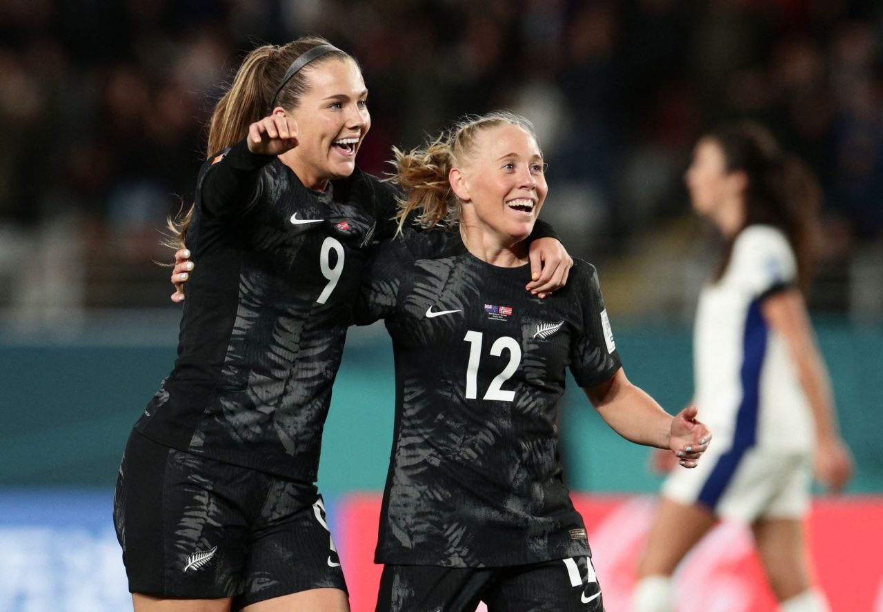 New Zealand's Betsy Hassett and Gabi Rennie celebrate after winning the match.