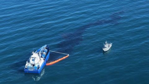 Unified command continues its response to the oil spill off Newport Beach in this photo released by the US Coast Guard.