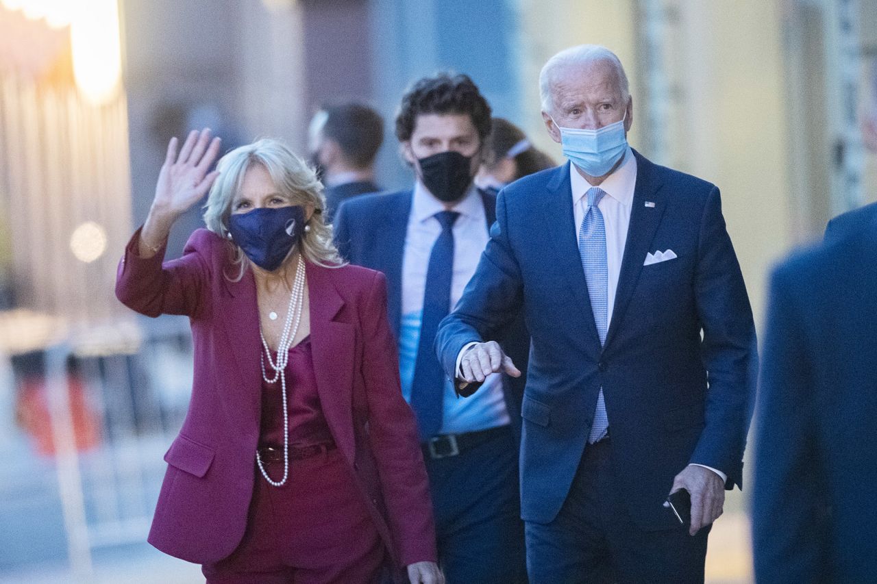 President-elect Joe Biden, and his wife, Dr. Jill Biden, depart the Queen Theater after introducing key foreign policy and national security nominees and appointments on November 24, in Wilmington, Delaware. 