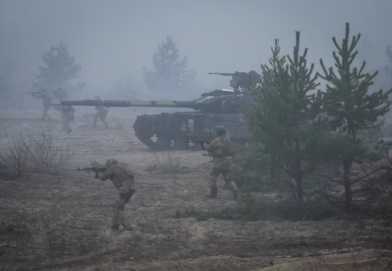 Ukrainian servicemen attend joint drills near Chernobyl on Friday.