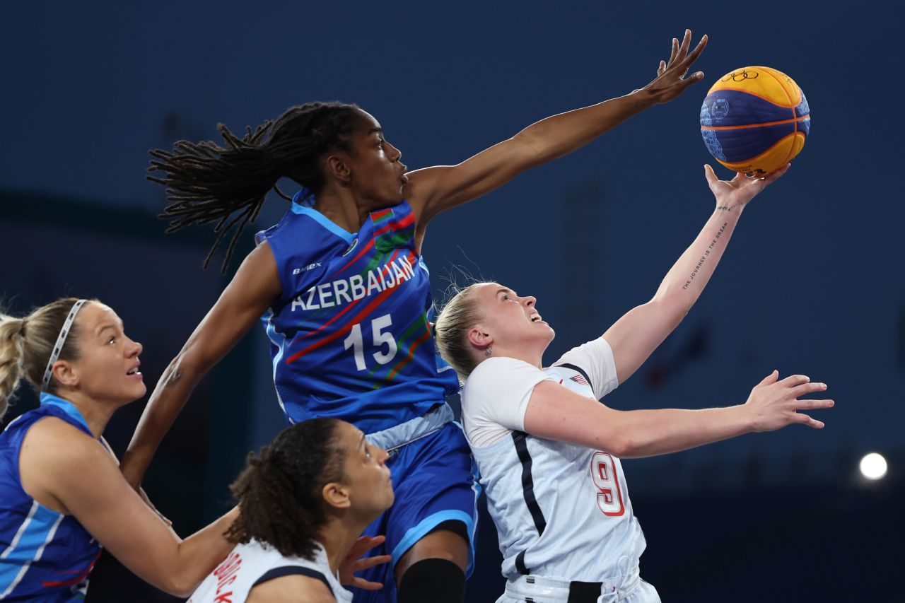 Hailey van Lith #9 of Team USA shoots the ball against Tiffany Hayes #15 of Team Azerbaijan during a Women’s Pool Round match on July 31.