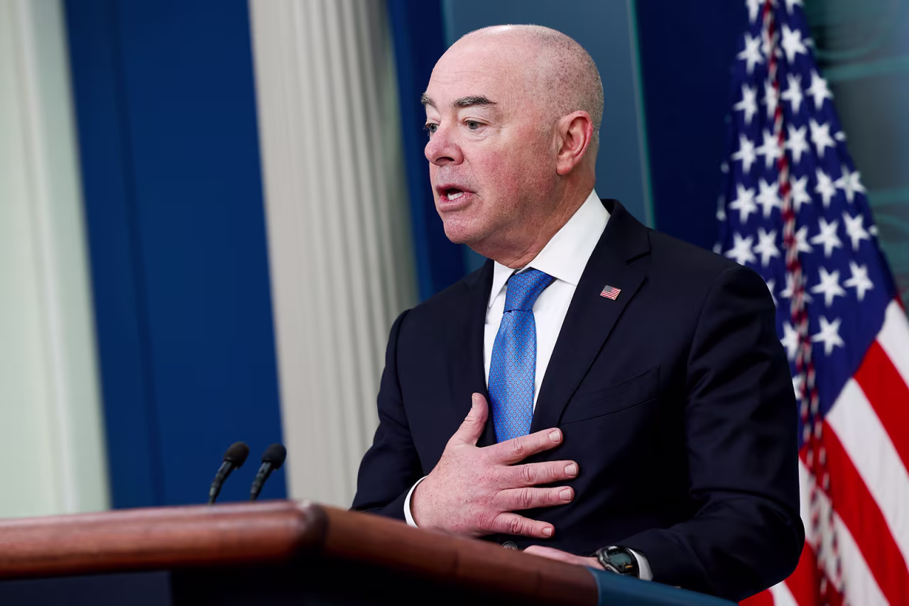 Secretary of Homeland Security Alejandro Mayorkas speaks during the daily news briefing at the White House on Thursday in Washington, DC.
