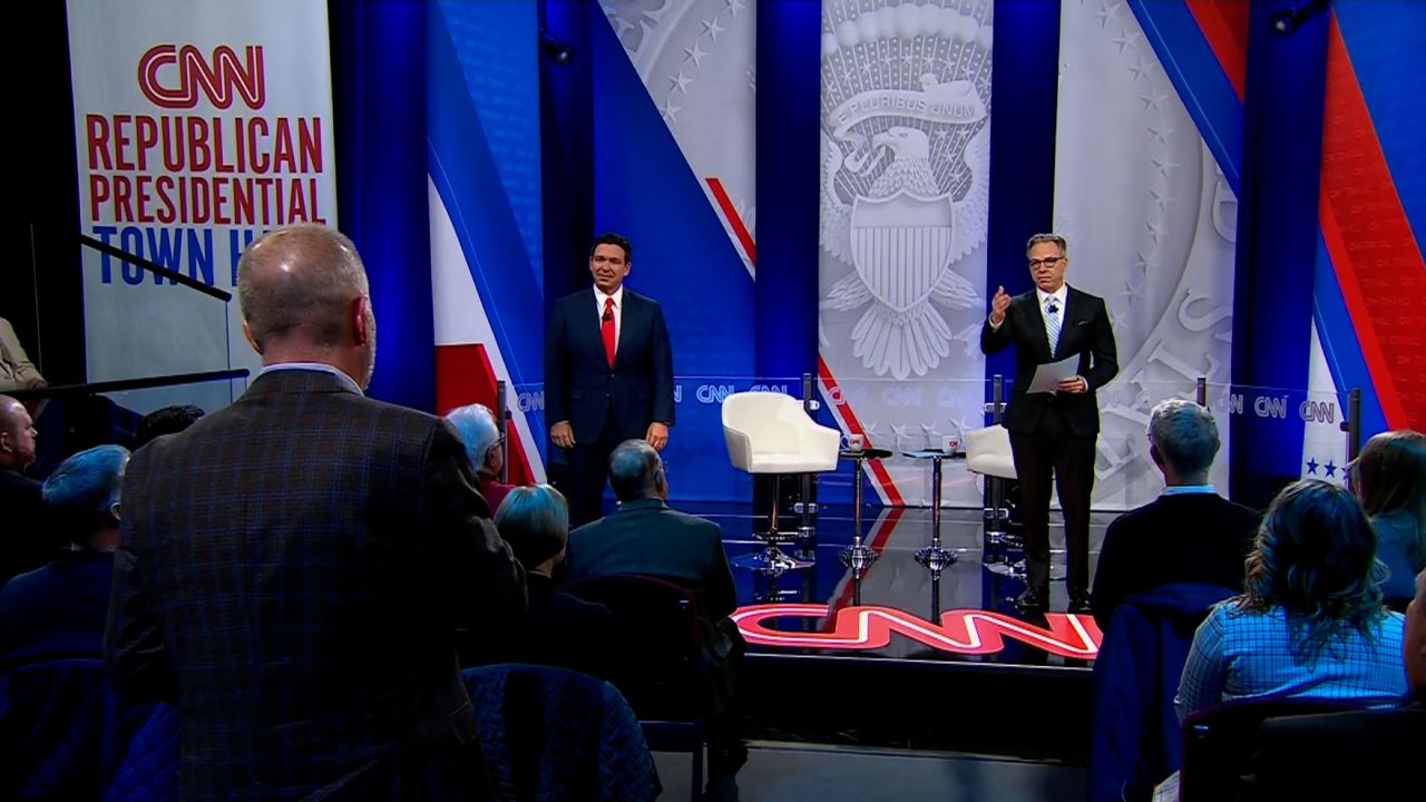 Florida Gov. Ron DeSantis prepares to answer a question during a CNN Republican Town Hall at Grand View University in Des Moines, Iowa, on Tuesday, December 12.