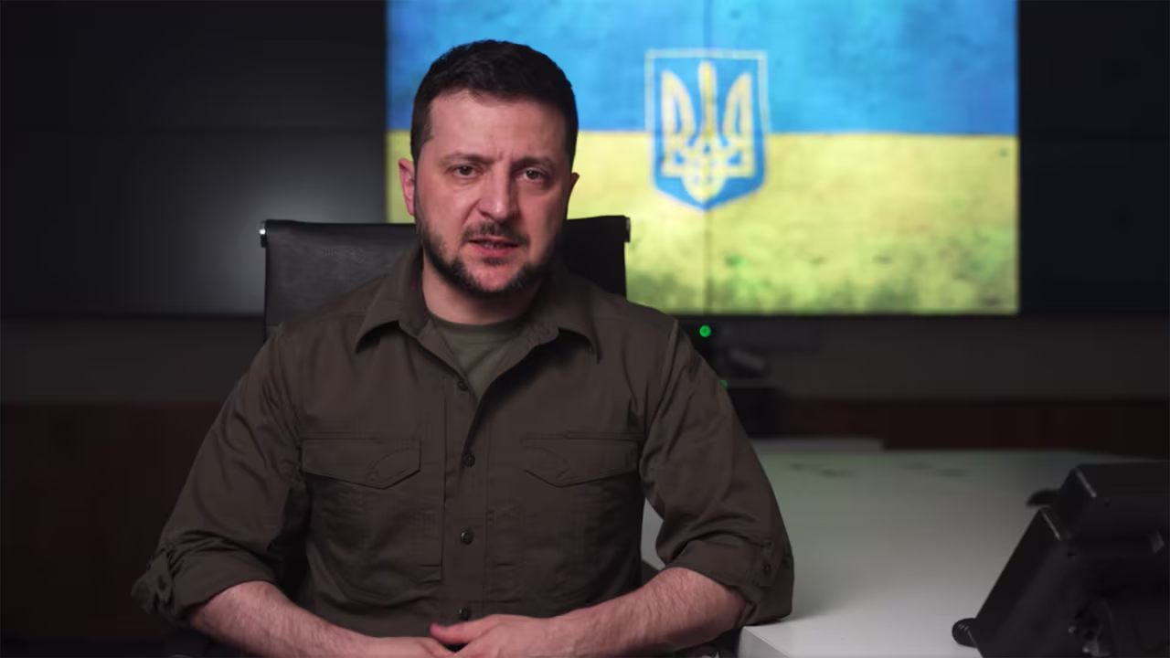 Ukrainian President Volodymyr Zelensky speaks during a video broadcast on Friday evening April 8.