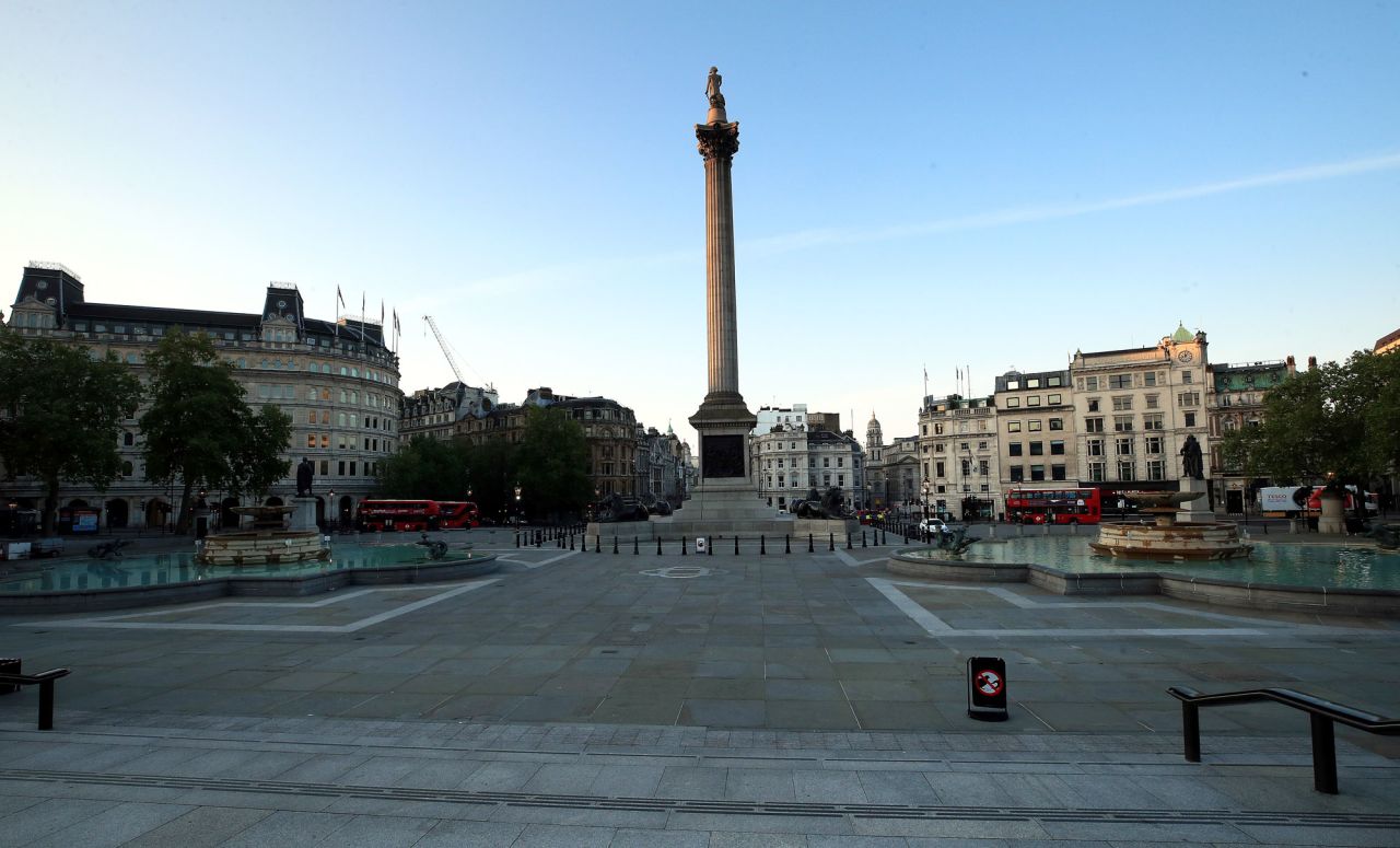 Trafalgar Square is empty on May 7, in London.