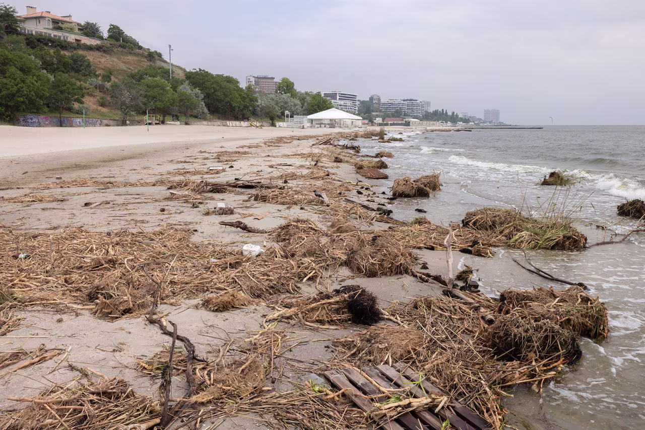 Debris litters a beach in Odesa, Ukraine, on June 13. 