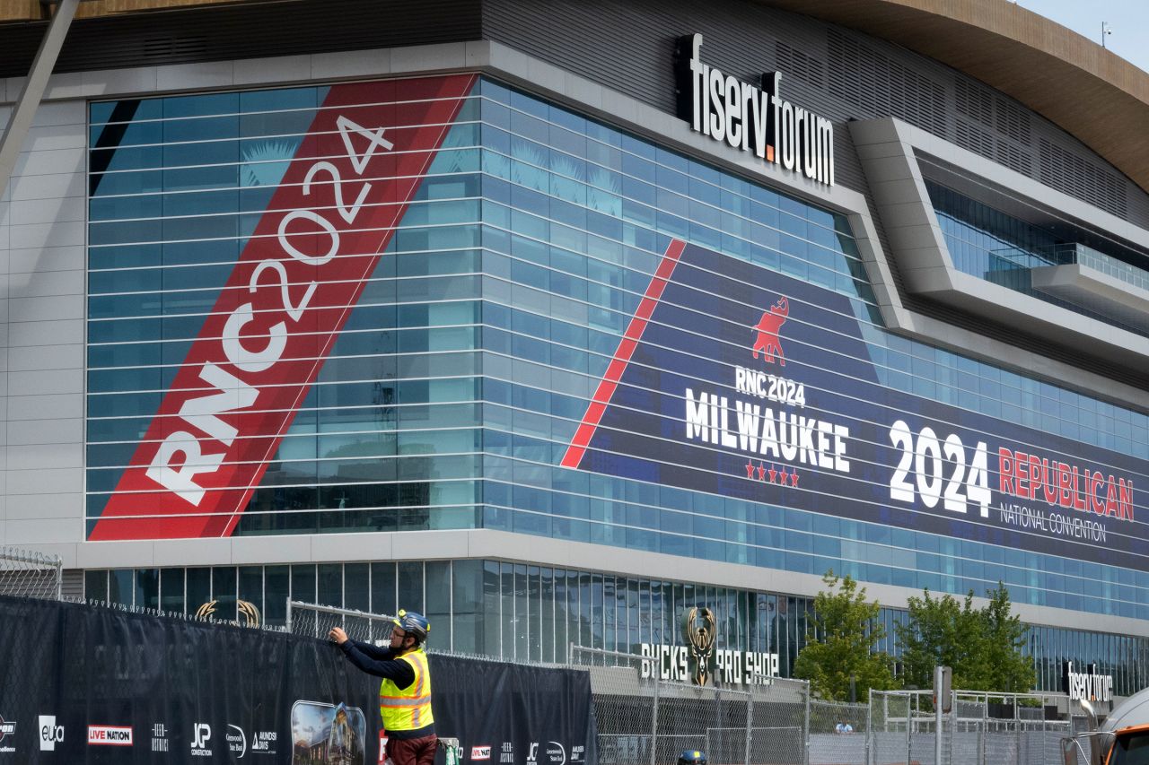 Workers prepare the area around the Fiserv Forum on July 10 in Milwaukee, Wisconsin. 