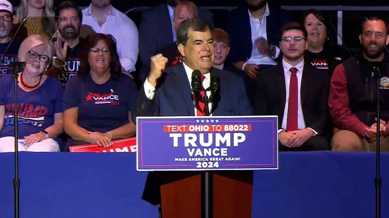 Ohio Republican State Sen. George Lang speaks at Sen. JD Vance's first solo rally as Donald Trump's running?mate on Monday, July 22.