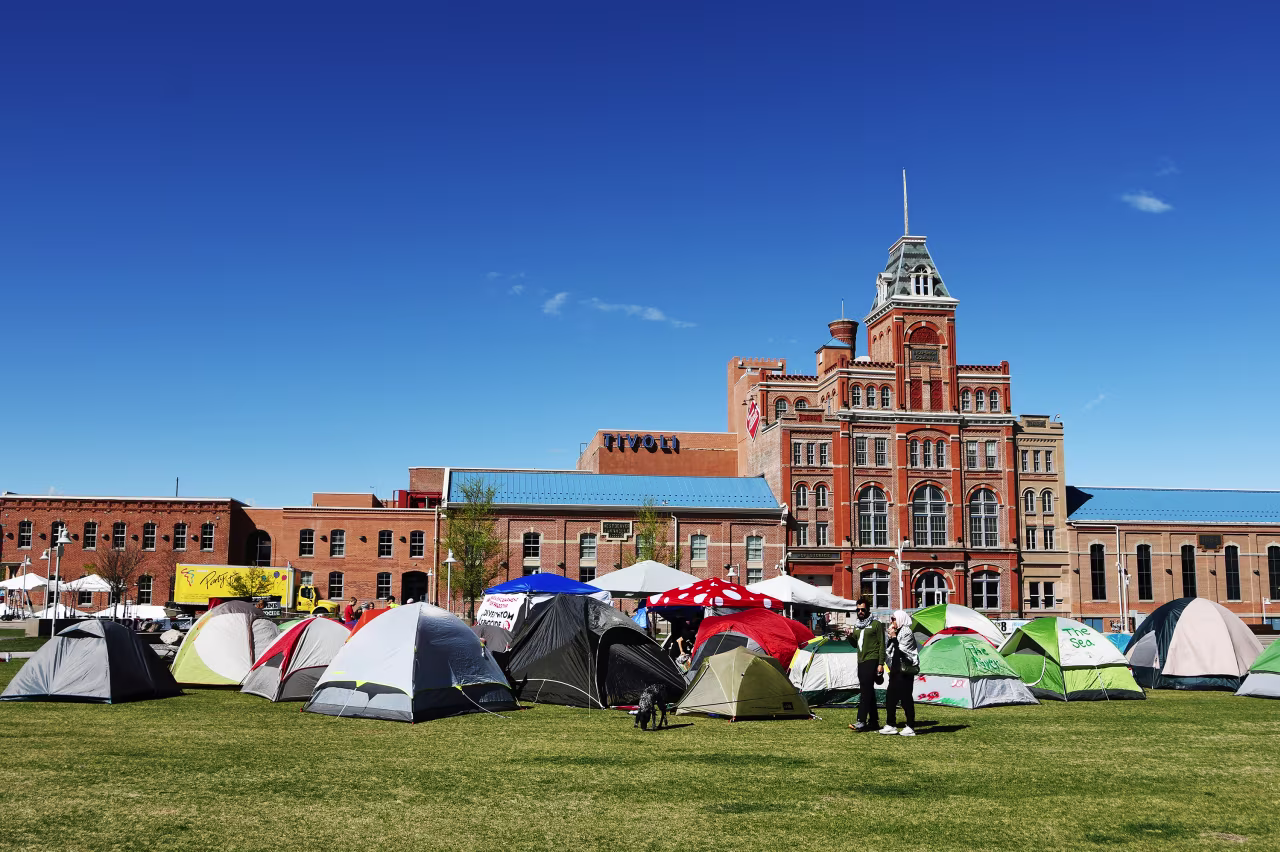 Pro-Palestinian protestors set up about 30 tents for a "sit-in" protest of the war in Gaza at Auraria campus in Denver, Colorado on April 26.